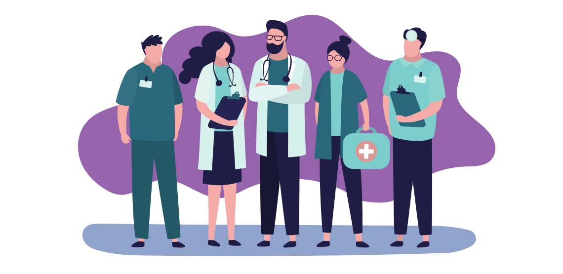 Illustration de 5 professionnels de santé côte à côte avec divers outils médicaux (stéthoscope, trousse de secours)